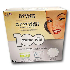 Pyrex Set 100th Anniversary 4 pc Polka Dot Green Bowl Measure Pie Plate 2015 New